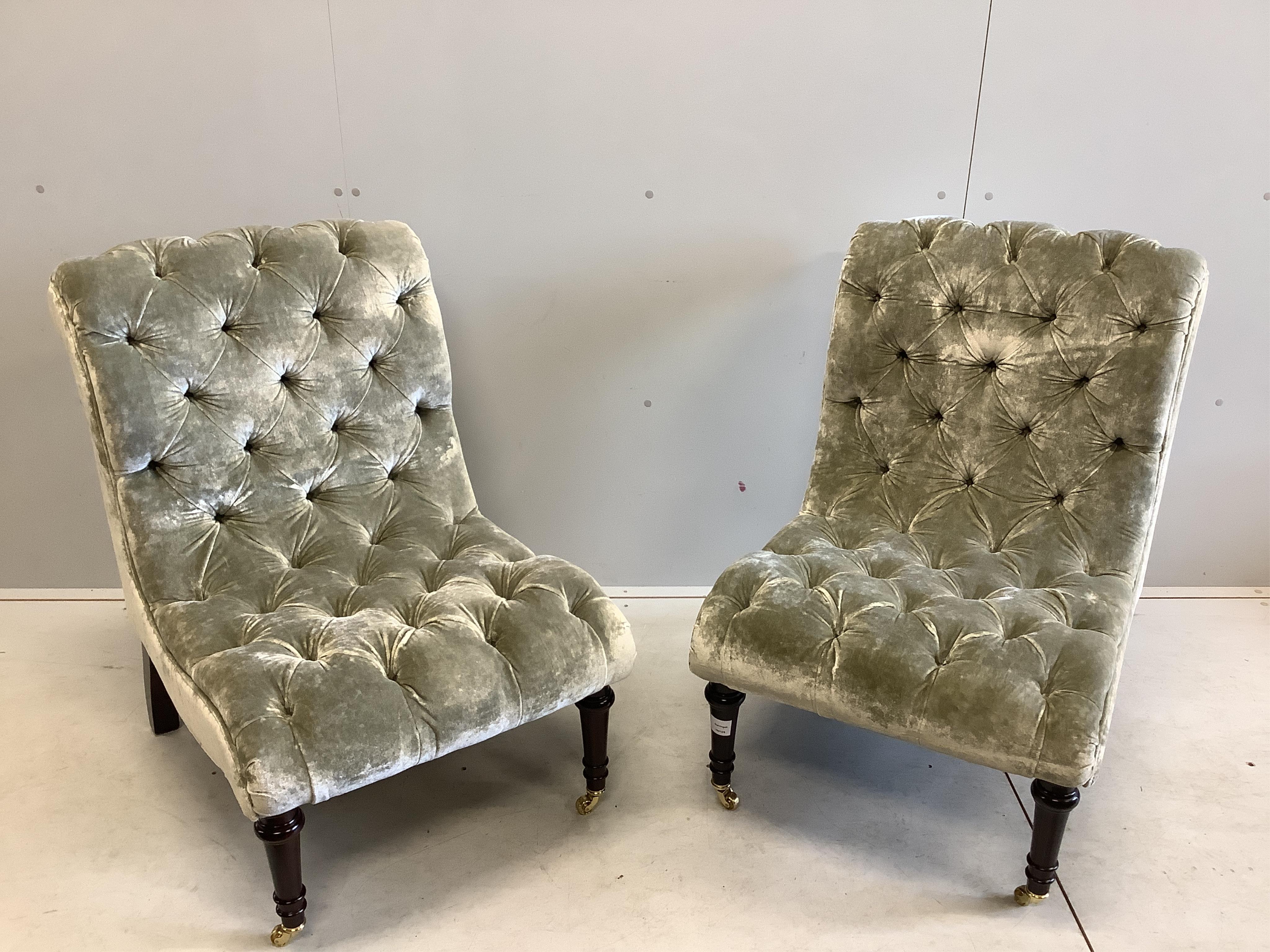 A pair of Victorian style upholstered side chairs, width 62cm, depth 68cm, height 90cm. Condition - good